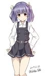  2017 belt celestea_tera cowboy_shot dated dress eyebrows_visible_through_hair highres kantai_collection long_hair long_sleeves looking_at_viewer ooshio_(kantai_collection) pinafore_dress purple_eyes purple_hair remodel_(kantai_collection) school_uniform shirt short_twintails simple_background smile solo twintails twitter_username white_background white_shirt 