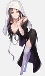  bare_shoulders black_hair breasts cleavage facial_mark fate/extra fate/extra_ccc fate_(series) forehead_mark large_breasts leaning_forward legs long_hair matsunoya naughty_face sesshouin_kiara side_slit smile solo thighhighs thighs veil white_background white_legwear yellow_eyes 