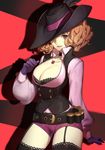  absurdres belt breasts brown_eyes brown_hair cleavage corset garter_straps gloves hat hat_feather hat_over_one_eye highres jewelry large_breasts necklace okumura_haru paid_reward patreon_reward persona persona_5 purple_gloves shadow short_hair shorts smile solo songjikyo thighhighs 