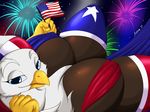  2017 4th_of_july anthro avian beak big_breasts bird breasts clothed clothing eagle female fireworks half-closed_eyes hi_res holding_object huge_breasts legwear looking_at_viewer solo suirano united_states_of_america 