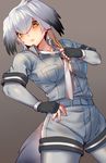  bad_id bad_pixiv_id bangs belt bird_tail black_gloves black_hair blush bodystocking breast_pocket breasts breasts_apart button_gap buttons collarbone collared_shirt commentary_request cowboy_shot dutch_angle eyebrows_visible_through_hair fingerless_gloves gloves grey_neckwear grey_shirt grey_shorts hair_between_eyes hand_on_hip hand_up highres kemono_friends lips long_hair looking_at_viewer loose_necktie low_ponytail medium_breasts multicolored_hair necktie no_bra orange_hair partially_unbuttoned pocket roten_(rotenburo) shirt shoebill_(kemono_friends) short_sleeves shorts side_ponytail silver_hair simple_background solo standing sweat yellow_eyes 