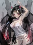  absurdres arm_up armpits bangs black_hair breasts camisole cleavage closed_mouth contrapposto cowboy_shot demon_horns demon_wings eyebrows_visible_through_hair grey_panties highres horns large_breasts long_hair looking_at_viewer muloli original panties purple_eyes sidelocks sketch smile solo standing twintails underwear wings 