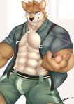  2018 abs anthro belt biceps canine clothed clothing digital_media_(artwork) forgetch fur male mammal muscular muscular_male open_shirt pecs shirt 