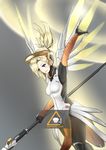  arm_up blonde_hair blue_eyes bodysuit breasts brown_legwear cowboy_shot gameplay_mechanics glowing glowing_wings grey_background hair_tie high_ponytail holding holding_staff light_rays looking_down mechanical_halo mechanical_wings medium_breasts medium_hair mercy_(overwatch) open_mouth overwatch pantyhose pelvic_curtain ponytail simple_background solo spica_(starlitworks) spread_wings staff sunbeam sunlight swiss_flag user_interface white_bodysuit wings yellow_wings 