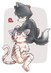  amber_eyes anthro anus band-aid bandage black_fur blue_fur blush butt canine covering covering_crotch cub duo eyes_closed feline fur hi_res looking_at_viewer male male/male mammal nude petting sitting smile striped_fur stripes white_fur wolf young yuanyuan 