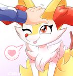  &lt;3 2017 alfa995 ambiguous_gender anthro braixen canine cute eyelashes fox fur hi_res human inner_ear_fluff mammal nintendo one_eye_closed petting pok&eacute;mon red_eyes simple_background smile tongue tongue_out video_games white_background white_fur yellow_fur 