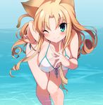  ;) absurdres animal_ears aqua_eyes armadillon bent_over bikini blonde_hair blush breasts closed_mouth collarbone copyright_request day eyebrows_visible_through_hair front-tie_bikini front-tie_top hand_on_hip hanging_breasts highres large_breasts long_hair looking_at_viewer one_eye_closed outdoors see-through side-tie_bikini sidelocks smile solo swimsuit wading wet wet_clothes wet_swimsuit white_bikini 
