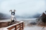  2015 4_fingers anthro antlers black_hair blue_eyes cervine clothed clothing day deer detailed_background hair horn male mammal neotheta outside sitting topless 