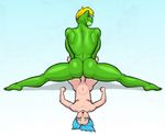  2017 amphibian anal big_butt blonde_hair blue_hair butt frog hair human kostos_art male male/male mammal muscular penis power_bottom size_difference small_dom_big_sub splits spread_legs spreading 