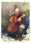  beard bird blue_cape boots bow_(instrument) brown_footwear cape cello character_name day facial_hair gustav_(pixiv_fantasia) instrument looking_at_viewer male_focus music old_man outdoors pixiv_fantasia pixiv_fantasia_t plant playing_instrument sitting tierra818 