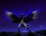  2015 anthro avian beak bird black_beak corvid crow detailed_background feathered_wings feathers male neotheta nude open_mouth red_eyes sky solo standing star starry_sky wings 