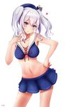  alternate_costume artist_name bad_id bad_pixiv_id banned_artist beret bikini blue_bikini blue_eyes blue_skirt breasts hair_between_eyes hat heart itsuwa_(continue) kantai_collection kashima_(kantai_collection) medium_breasts pleated_skirt sailor_beach_wear_(no.s_project) sailor_bikini sailor_collar short_hair silver_hair simple_background skirt smile solo swimsuit two_side_up white_background 