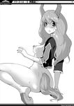  areolae ass blush boku_no_hero_academia bottomless breasts from_side greyscale highres hooves horns karasu_h long_hair looking_at_viewer medium_breasts monochrome nipples open_clothes parted_lips seiza simple_background sitting solo sweatdrop tail text_focus tsunotori_pony white_background 