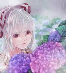  blurry blurry_background bow closed_mouth commentary_request crying crying_with_eyes_open depth_of_field expressionless flower fog fujiwara_no_mokou hair_bow hair_ribbon highres hydrangea lips long_hair mokoiscat outdoors rain red_eyes ribbon shirt signature silver_hair solo suspenders tears touhou upper_body wet wet_face wet_hair 