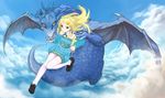  above_clouds blonde_hair blue_sky claws cloud commentary_request day detached_collar detached_sleeves dragon dragon_wings dress floating floating_hair hair_ornament hand_on_another's_shoulder hatomugi_seika highres holding_stylus horns loafers long_hair looking_at_viewer on_animal orange_eyes outstretched_leg pantyhose pixiv pixiv-tan scales shoes sky star star_hair_ornament strapless strapless_dress stylus talons tube_dress western_dragon white_legwear wings yellow_eyes 