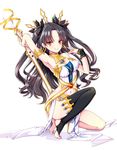  black_hair black_legwear blush breasts cleavage eyebrows_visible_through_hair fate/grand_order fate_(series) ishtar_(fate/grand_order) large_breasts long_legs looking_at_viewer red_eyes smile solo squatting thighhighs uchuu_gorira 