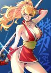  1girl absurdres bangs blonde_hair breasts brown_eyes cleavage commentary_request fighting_game final_fight genryuusai_maki grin high_ponytail highres long_hair looking_at_viewer looking_to_the_side medium_breasts ninja pelvic_curtain ponytail smile solo street_fighter street_fighter_zero_(series) strikebeagle translation_request weapon 