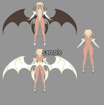  1girl aoi_nagisa_(artist) ass bare_legs bare_shoulders blonde_hair blue_eyes blush breasts character_sheet curvy dark_skin fake_wings female full_body futaba_lili_ramses legs leotard lilith-soft long_hair looking_at_viewer magical_girl partially_visible_vulva small_breasts smile solo taimanin_(series) tentacle_and_witches thong_leotard twintails wide_hips 