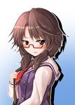  &gt;:( blush brown_eyes brown_hair commentary_request from_side frown glasses highres long_sleeves looking_at_viewer looking_to_the_side low_twintails oshiaki parted_lips red-framed_eyewear school_uniform semi-rimless_eyewear solo touhou twintails under-rim_eyewear upper_body usami_sumireko v-shaped_eyebrows 