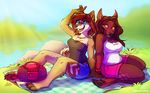 2016 4_toes 5_fingers anthro barefoot breasts brown_hair canine cervine clothed clothing coyote deer digitigrade duo female green_eyes hair hooves mammal neotheta open_mouth orange_eyes sitting sky smile teeth toes tongue 