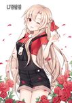  ;) bad_id bad_pixiv_id blush breasts commentary cowboy_shot crop_top elf flower goyain hair_ribbon half_updo light_brown_hair long_hair looking_at_viewer mabinogi medium_breasts one_eye_closed overalls parted_lips petals pointy_ears red_eyes red_flower red_ribbon red_rose red_shirt ribbon rose rose_petals shirt short_sleeves sidelocks smile solo very_long_hair 