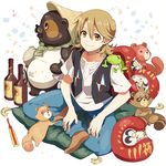  :3 animal animal_on_shoulder bad_id bad_pixiv_id bottle brown_eyes brown_hair daruma_doll fan folding_fan frog houhou_(black_lack) indian_style male_focus mother_(uchouten_kazoku) pillow shimogamo_yaichirou shimogamo_yajirou shimogamo_yasaburou shimogamo_yashirou sitting smile statue tanuki uchouten_kazoku 