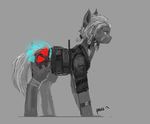  2017 band-aid bandage bottomless clothed clothing equine female feral grey_background greyscale hair_tie horse machine mammal monochrome my_little_pony panzery25 pony side_view signature simple_background solo standing wristwatch 