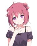  :q ahoge akaza_akari bangs bare_shoulders black_bow bow closed_mouth collarbone double_bun eyebrows_visible_through_hair hair_between_eyes hair_intakes hand_on_own_chest hand_up head_tilt looking_at_viewer off-shoulder_shirt purple_eyes purple_shirt red_hair revision shikou_sakugo_(qqap9gt9k) shiny shiny_hair shirt short_hair short_sleeves simple_background smile solo tongue tongue_out upper_body white_background yuru_yuri 