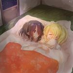  :o ahoge alternate_costume blanket blonde_hair blush brown_hair drooling futon hakurei_reimu hug kirisame_marisa kosencha multiple_girls open_mouth shared_blanket short_hair sleeping touhou yuri 