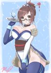  :o bare_shoulders breasts brown_eyes brown_hair collar cowboy_shot dated elbow_gloves eyes_visible_through_hair glass glasses gloves hair_bun hair_ornament hair_stick japanese_clothes kimono large_breasts looking_at_viewer mei_(overwatch) no_bra no_panties obi overwatch sash scarlet_zel short_kimono solo thighhighs tray 