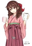  2017 anchor bow brown_hair celestea_tera cowboy_shot cup dated drill_hair hair_bow hakama harukaze_(kantai_collection) highres japanese_clothes kantai_collection kimono long_hair meiji_schoolgirl_uniform mug pink_kimono red_bow red_eyes red_hakama simple_background solo twin_drills twitter_username white_background 