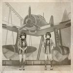  aircraft airplane bangs commentary_request e16a_zuiun full_body geta grin hachimaki hands_on_hips hands_together happi headband hyuuga_(kantai_collection) ise_(kantai_collection) japanese_clothes kantai_collection looking_at_viewer monochrome multiple_girls nejiri_hachimaki parted_bangs photo_(object) ponytail propeller seaplane sepia short_hair smile standing tabi translation_request watanore 