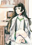  black_hair crossed_legs flat_chest green_eyes hiyajou_maho kneehighs labcoat long_hair shirt sitting sketch smile solo steins;gate steins;gate_0 tokiji white_legwear 