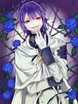  bad_id bad_pixiv_id blue_flower blue_hair blue_rose cape capelet fangs flower gloves lacus_welt long_hair male_focus nukominto open_mouth owari_no_seraph pointy_ears ponytail rose solo thorns upper_body 