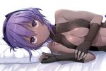  akahito blush breasts cleavage commentary_request dark_skin fate/grand_order fate/prototype fate/prototype:_fragments_of_blue_and_silver fate_(series) hassan_of_serenity_(fate) lying medium_breasts on_side pillow purple_eyes purple_hair short_hair smile solo white_background 