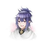  blue_hair cape lacus_welt male_focus nangolf open_mouth owari_no_seraph pointy_ears ponytail portrait red_eyes simple_background solo white_background 