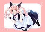  akiha_rumiho animal_ears apron border bow breasts cat_ears drill_hair hair_ribbon heart high_heels long_hair looking_at_viewer maid maid_apron maid_headdress medium_breasts neck_ribbon open_mouth paw_pose pink_background pink_eyes pink_hair ribbon sketch skirt smile solo steins;gate tokiji twin_drills vest wrist_cuffs 