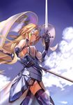  bare_shoulders blonde_hair breasts chain cloud cowter dual_wielding fate/apocrypha fate_(series) fur_trim gauntlets highres holding intes jeanne_d'arc_(fate) jeanne_d'arc_(fate)_(all) large_breasts long_hair panties pantyshot parted_lips plackart profile salute skindentation sky solo sword thighhighs underwear weapon wind 