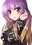  :o black_dress blush breasts brown_eyes brown_hair commentary_request dress from_side gradient_hair hair_flip highres hijiri_byakuren large_breasts long_hair looking_at_viewer looking_to_the_side multicolored_hair open_mouth oshiaki purple_hair solo touhou upper_body 
