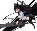  arm_ribbon black_hair black_pants blake_belladonna bow cape character_name cleaver dual_wielding english hair_bow half-skirt holding long_hair looking_away midriff mossi pants pouch ribbon rwby shirt solo sword waist_cape wavy_hair weapon white_shirt yellow_eyes 