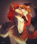  anthro breasts brown_eyes canine clothed clothing dog duo female fox kardie mammal navel simple_background topless wide_hips 