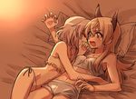  2girls animal_ears blonde_hair blush breasts closed_eyes dog_ears eila_ilmatar_juutilainen groin hug lying midriff multiple_girls navel on_back on_side open_mouth panties purple_eyes sanya_v_litvyak side-tie_panties silver_hair sleeping small_breasts strike_witches underwear wavy_mouth world_witches_series yuri 