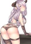  ass backless_outfit bare_shoulders bent_over black_gloves black_legwear black_panties blush braid breasts commentary cowboy_shot draph elbow_gloves from_behind gloves granblue_fantasy greenopi hair_ornament hair_over_one_eye highres horns large_breasts lavender_hair long_hair looking_back narmaya_(granblue_fantasy) panties parted_lips pointy_ears purple_eyes side_braid sidelocks single_braid single_thighhigh skindentation solo thigh_strap thighhighs underwear 