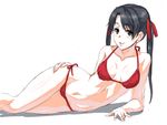  bikini black_eyes black_hair breasts byeontae_jagga hair_ribbon kantai_collection long_hair lowleg lowleg_bikini lying mikuma_(kantai_collection) navel on_side parted_lips red_bikini red_ribbon ribbon side-tie_bikini simple_background sketch small_breasts solo swimsuit twintails white_background 