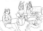  2015 anthro bean_bag bear big_breasts bra breasts buckteeth canine cervine chair chest_tuft clothed clothing computer computer_keyboard computer_monitor david_a_cantero deer dog eyewear female glasses group hair inside kneeling lagomorph laptop looking_back mammal midriff monochrome mostly_nude navel nipples nude open_mouth open_smile panties ponytail rabbit short_hair simple_background sitting sketch small_breasts smile teeth topless tuft underwear 