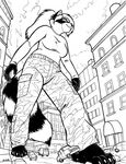  2017 anthro barefoot building car cargo_pants city claws clothing david_a_cantero female hi_res low-angle_view mammal monochrome pants ponytail raccoon ringed_tail shirt smile solo toe_claws van vehicle 