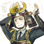  armor atsushi_toushirou bad_id bad_pixiv_id black_hair grey_eyes grin helmet houhou_(black_lack) japanese_armor kabuto kiwame_(touken_ranbu) kote male_focus necktie sketch smile touken_ranbu upper_body 