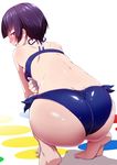  ass bandages barefoot bikini blue_bikini blush breasts commentary_request eromanga_sensei fang from_behind looking_at_viewer looking_back medium_breasts natsumi_akira open_mouth purple_eyes purple_hair senju_muramasa short_hair solo squatting swimsuit twister 