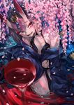  :d alcohol bare_shoulders breasts cherry_blossoms collarbone commentary cup fangs fate/grand_order fate_(series) flower from_above hair_between_eyes hair_ornament highres horns japanese_clothes kimono looking_at_viewer looking_up md5_mismatch off_shoulder oni oni_horns open_mouth petals purple_eyes purple_hair ran_(pixiv2957827) sakazuki sake short_hair shuten_douji_(fate/grand_order) small_breasts smile solo wisteria 