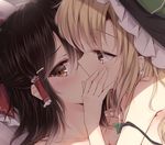  blonde_hair blush bow brown_eyes brown_hair close-up commentary_request covering_mouth earrings hair_bow hair_ribbon hair_tubes hakurei_reimu hand_on_another's_cheek hand_on_another's_face hat implied_kiss jewelry kirisame_marisa large_bow long_hair multiple_girls nude ribbon touhou toyosaki_shu witch_hat yellow_eyes yuri 